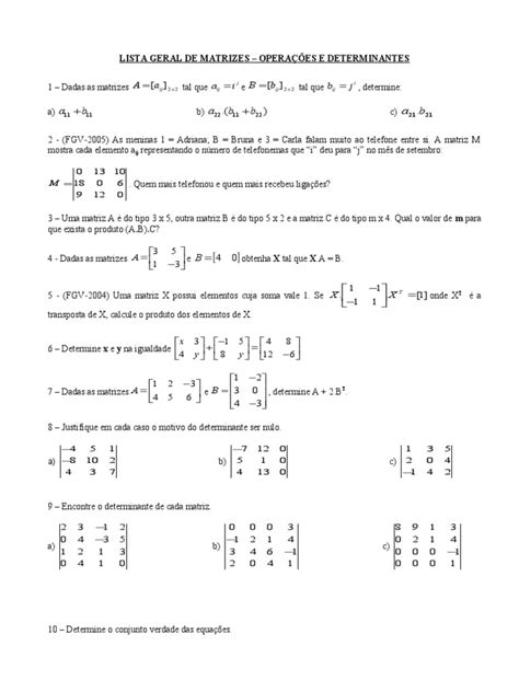 Lista De Exercicios Matrizes E Determinantes