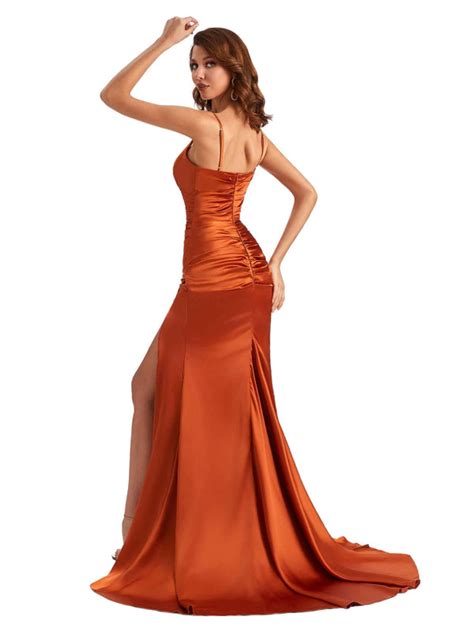 Sexy Mermaid Side Slit Spaghetti Straps V Neck Silky Satin Chic Long