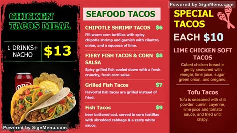 Digital Signage Menu Board For Tacos Menu