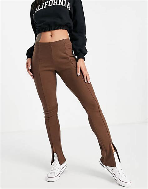 Brown Ribbed Split Hem Leggings