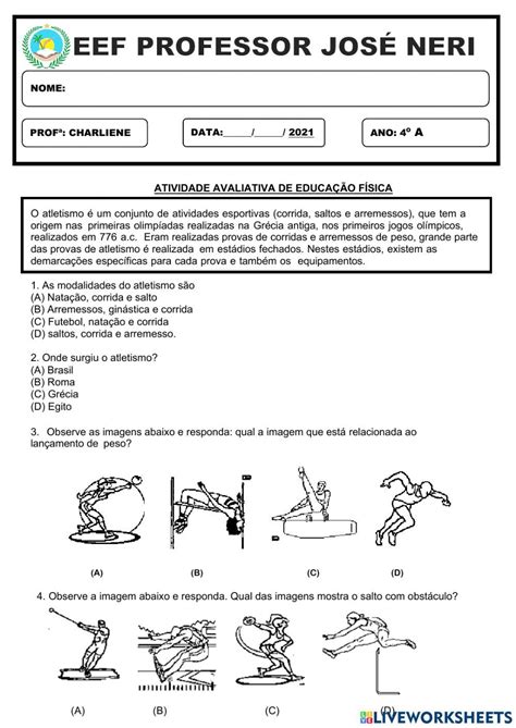 Avalia O De Educa O F Sica Online Worksheet For Ano You Can Do