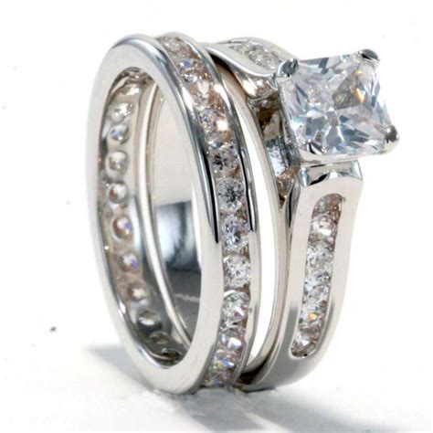 Rhodium Plated Princess Cz Cubic Zirconia Eternity Band Bridal Wedding Ring Set Ebay