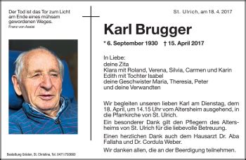 Traueranzeigen Von Karl Brugger Trauer Bz