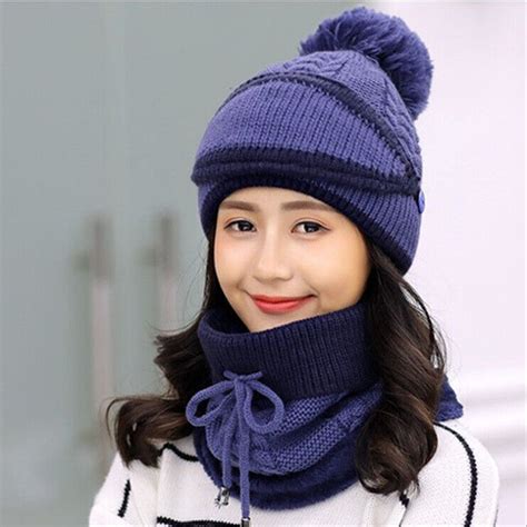 3pcs Women Beanie Hat Pom Bobble Scarf Mask Set Knitted Winter Warm