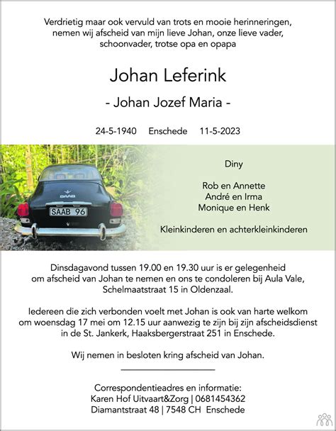 Johan Johan Jozef Maria Leferink 11 05 2023 Overlijdensbericht En