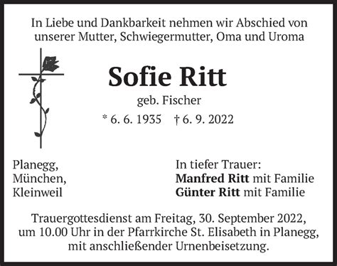 Traueranzeigen Von Sofie Ritt Trauer Merkur De