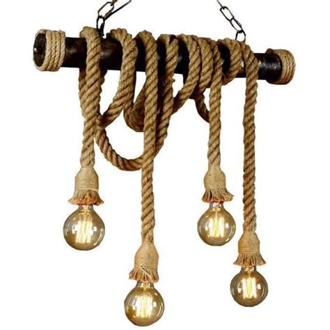 R Tro Corde De Chanvre Suspension Lampe Suspendue Industrielle Bois Et