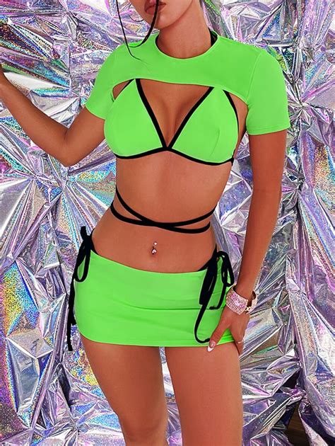 Contrast Binding Halter Triangle Summer Beach Bikini Set With Cover Up
