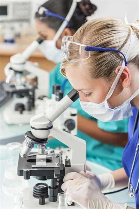 Female Scientist Research Team Using Microscopes In Laboratory Stock