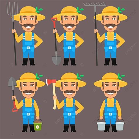farmer holds pitchfork rake bucket shovel ax business work clothes
