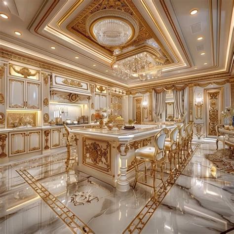 Luxury Kitchen with Marble Flooring and Gold Decorations