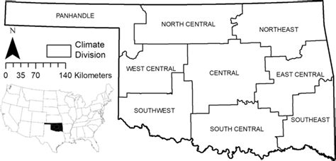 Map of Oklahoma and its nine climate divisions | Download Scientific ...