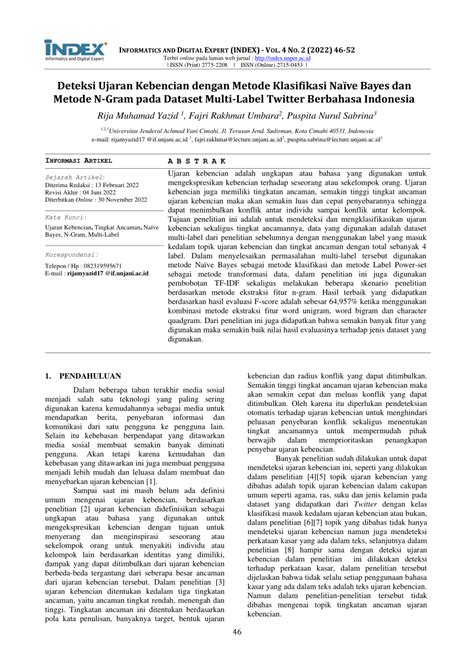 Pdf Deteksi Ujaran Kebencian Dengan Metode Klasifikasi Na Ve Bayes