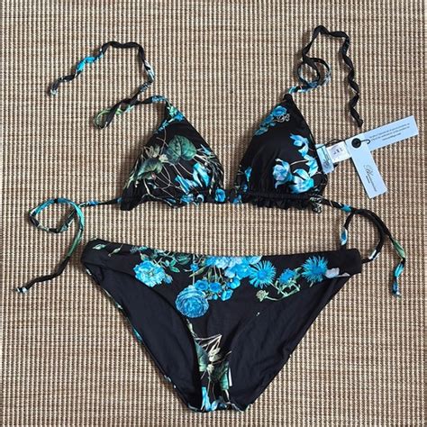 Blumarine Swim Blumarine Black And Blue Floral Bikini Set Poshmark