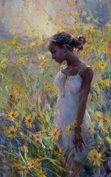 A Painting Of A Woman In A White Dress Walking Through Some Wildflowers