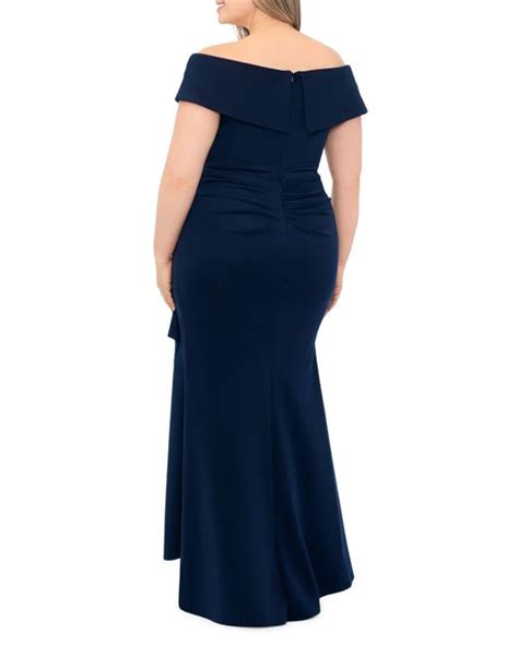 Xscape Off The Shoulder Ruffle Scuba Gown In Blue Lyst