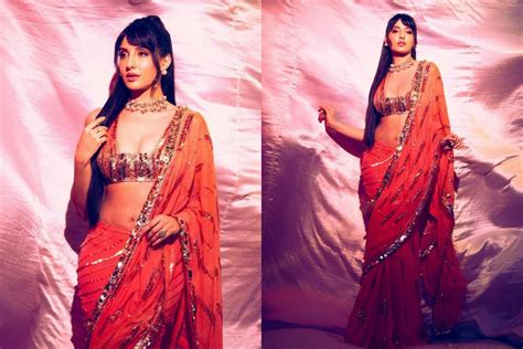 Nora Fatehi Bedazzles You With Hotness In A Manish Malhotra Saree And Sultry Blouse See Sexy Pics