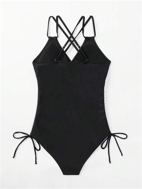 Criss Cross Tie Side One Piece Swimsuit Shein Usa