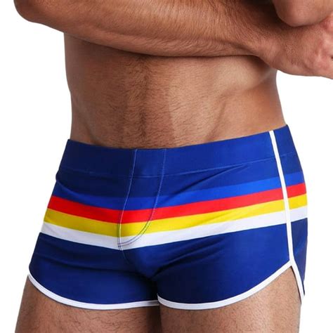 Mizok Men S Swimming Boxer Briefs Sexy Split Side Swimsuit Trunks Rainbow Blue L