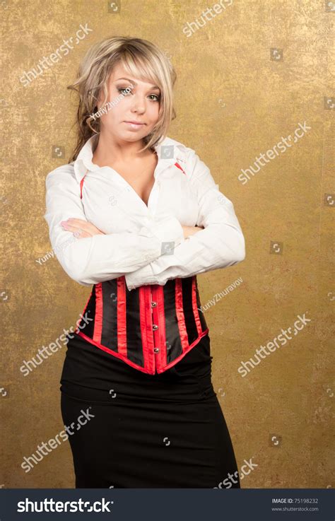 Sexy Blonde Woman Corset Skirt On Stock Photo 75198232 Shutterstock