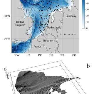 (a) Study area in the North Sea. Contour lines: isobaths (m); colour ...