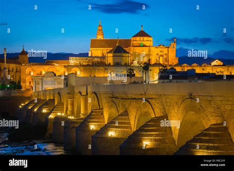 Cordoba Spain View At Night Across The Roman Bridge Puente Romano