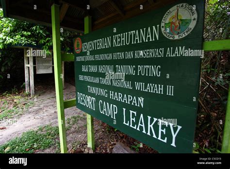 A sign board of Camp Leakey at Tanjung Puting National Park, Central Kalimantan, Indonesia Stock ...