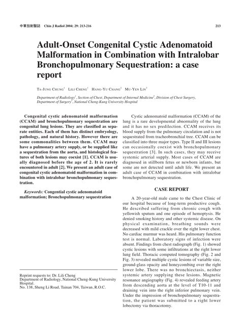 Pdf Adult Onset Congenital Cystic Adenomatoid Malformation In Combination With Intralobar