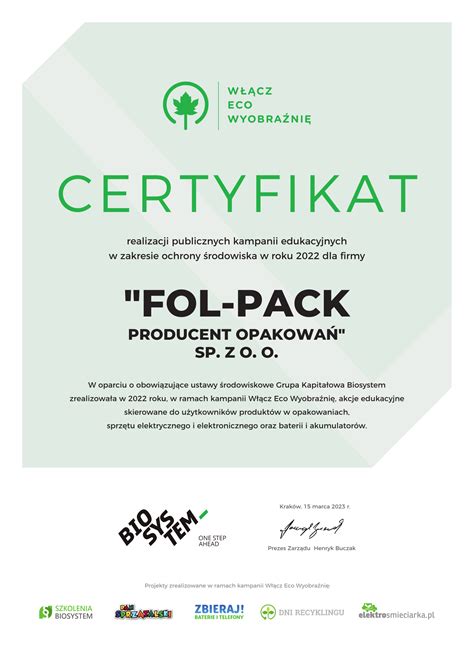 Certyfikat Z Zakresu Ochrony Rodowiska Fol Pack