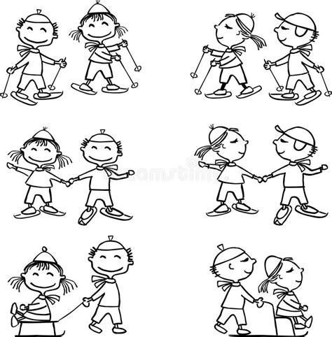 Dessins De Contour Des Enfants Gay De Bande Dessinée Luge Et Le Ski Illustration de Vecteur