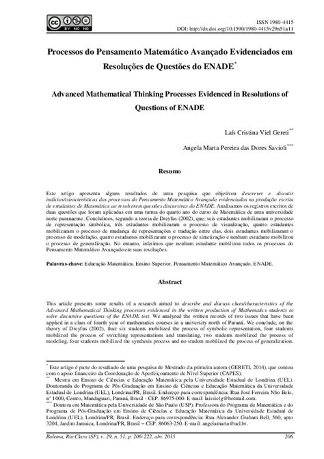 Processos Do Pensamento Matemático Avançado Evidenciados Em Resoluções