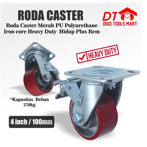 Jual Roda Caster Merah Inci Plus Rem Pu Polyurethane Iron Core Heavy