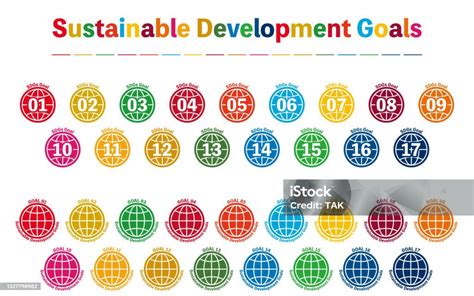 Sdgs Satu Set Label Untuk Tujuan Pengembangan Dalam 17 Warna Yang Ditentukan Bentuk Bola Dunia