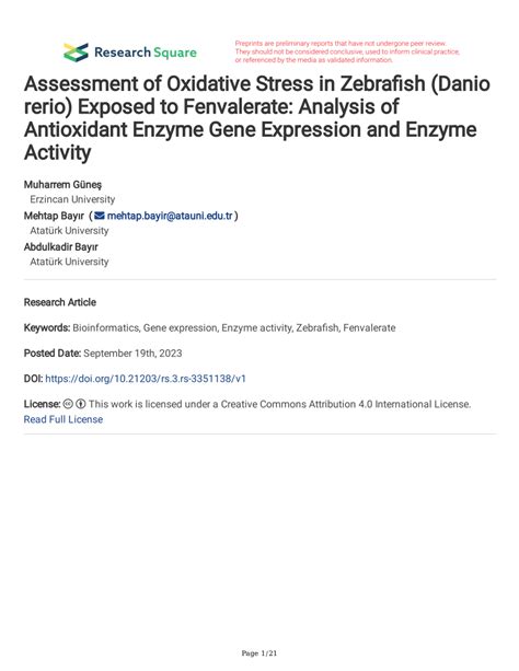 Pdf Assessment Of Oxidative Stress In Zebrafish Danio Rerio Exposed