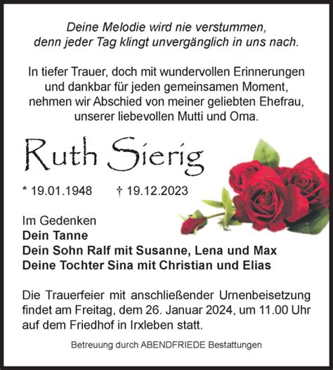 Traueranzeigen Von Ruth Sierig Abschied Nehmen De