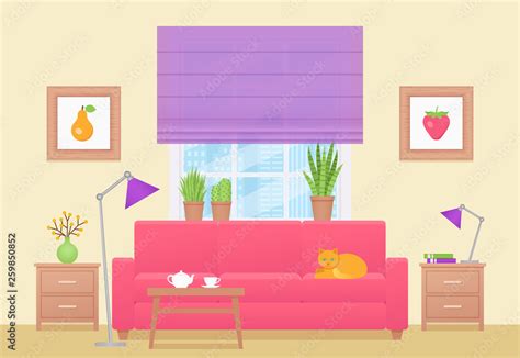 Room interior. Vector. Living room with furniture. Home lounge with ...