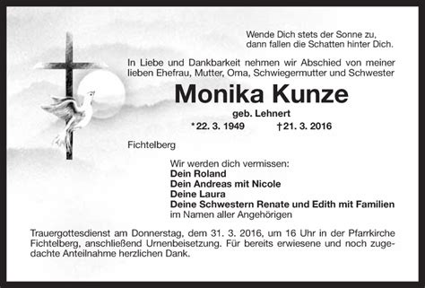 Traueranzeigen Von Monika Kunze Nordbayerischer Kurier