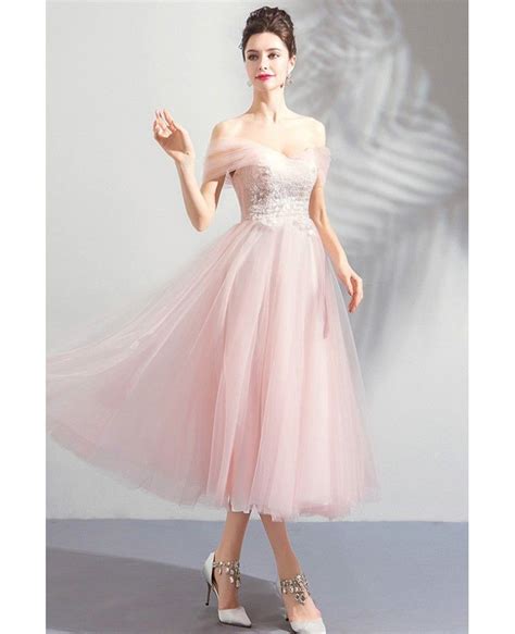 112 89 Peachy Pink Tulle Lace Tea Length Wedding Party Dress With