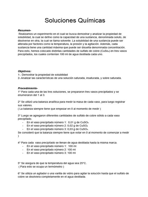 Soluciones Quimicas Reporte Pdf Solubilidad Concentración