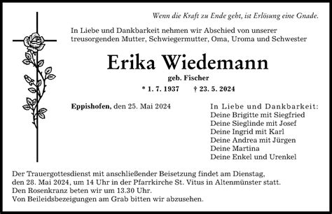 Traueranzeigen Von Erika Wiedemann Allg Uer Zeitung