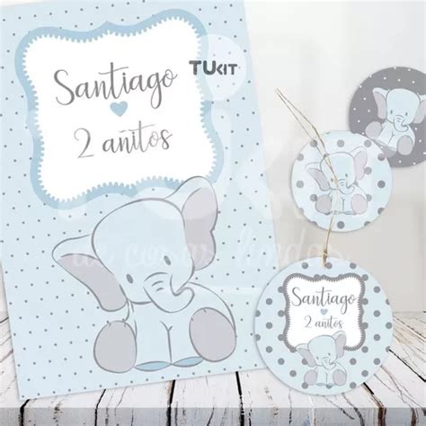 Kit Imprimible Elefante Celeste Baby Shower Bautizo M Cuotas Sin