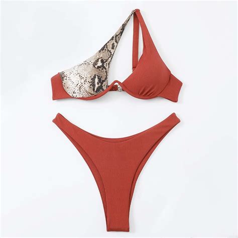 Jjayotai No Boundaries Womens One Shoulder Bikini Color Block High Cut Brazilian Swimsuit