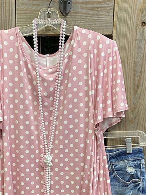 Women Polka Dot Crew Neck Short Sleeve Pink Shirts Tops Lilicloth