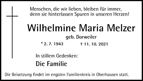 Traueranzeigen Von Wilhelmine Maria Melzer Trauer In NRW De