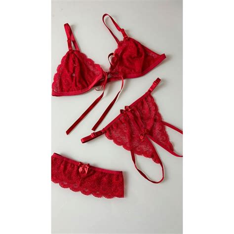 Conjunto De Lingerie Sexy Renda Apressadinha Calcinha Abertura Persex Shopee Brasil