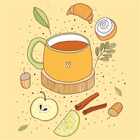 Conjunto de ilustraciones de otoño con bebida en taza canela limón