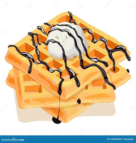 Vector Belgian Waffles With Chocolate Syrup And Ice Cream Stock Vector