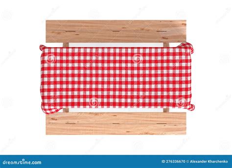 Top View Of Wooden Picnic Table With Benches And Red Plaid Tablecloth