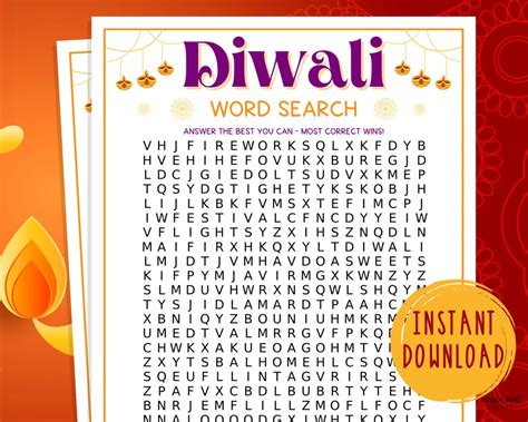 Diwali Word Search Printable Festival Of Lights Party Games Activities