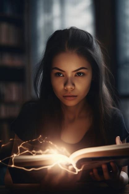 Premium AI Image | Girl reading a book in library